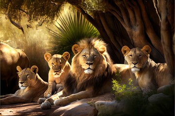  a group of lions sitting next to each other on a rock covered ground in front of a tree and a forest. Generative AI