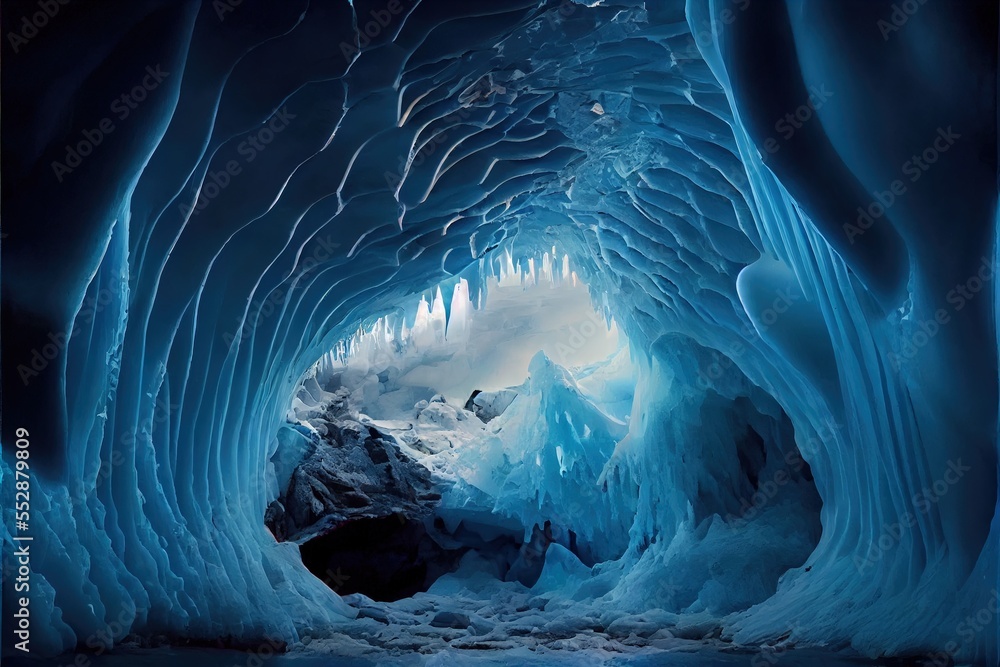 Poster a large ice cave with a mountain in the background and a sky filled with clouds above it and a small