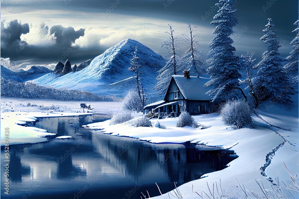 Poster  a painting of a cabin in the snow with a lake and mountains in the background and a cloudy sky. Generative AI