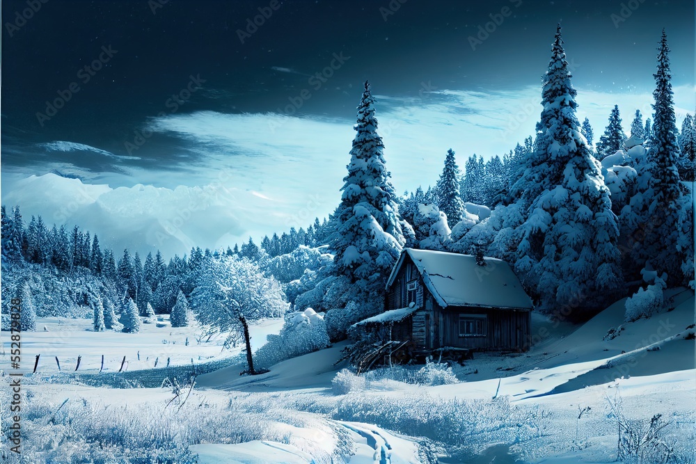 Poster  a cabin in a snowy landscape with trees and a fence in the foreground and a full moon in the background. Generative AI