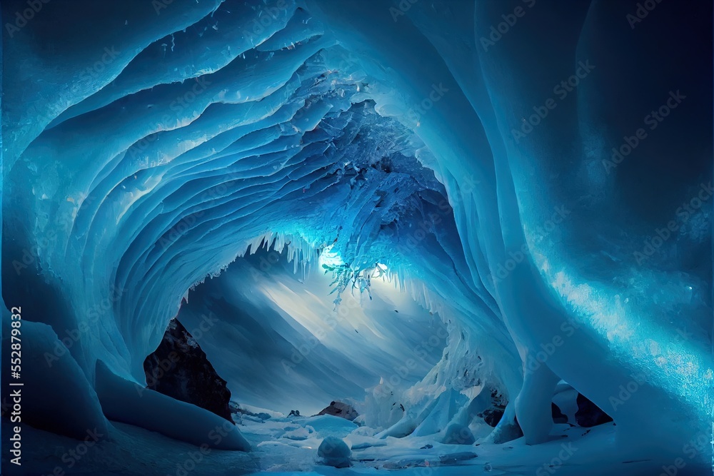 Poster a large ice cave with a light shining through it's opening and ice formations on the walls and floor