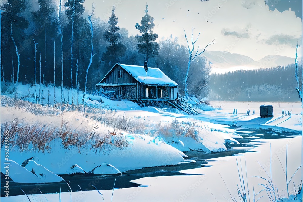 Poster a painting of a cabin in the snow by a stream with a stream running through it and a cabin in the di