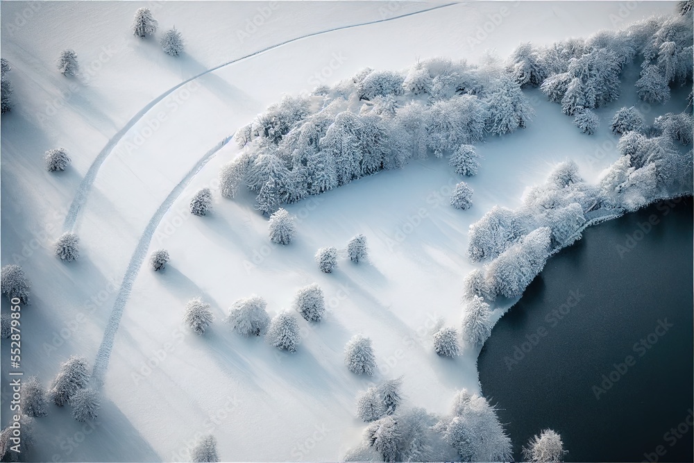 Poster a snowy landscape with a river and trees in the foreground and a road in the background with a curve