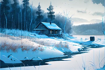  a painting of a cabin in the snow by a stream with a stream running through it and a cabin in the distance. Generative AI - obrazy, fototapety, plakaty