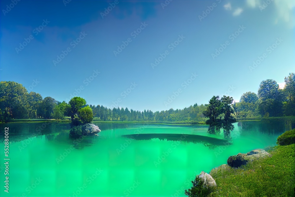 Poster a lake with a green surface and trees in the background and a blue sky above it with a few clouds. g