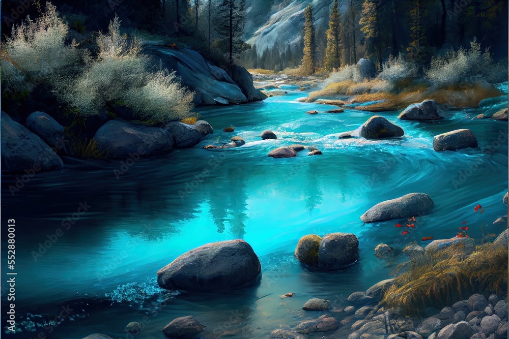 Poster a painting of a river with rocks and trees in the background and a mountain range in the distance wi