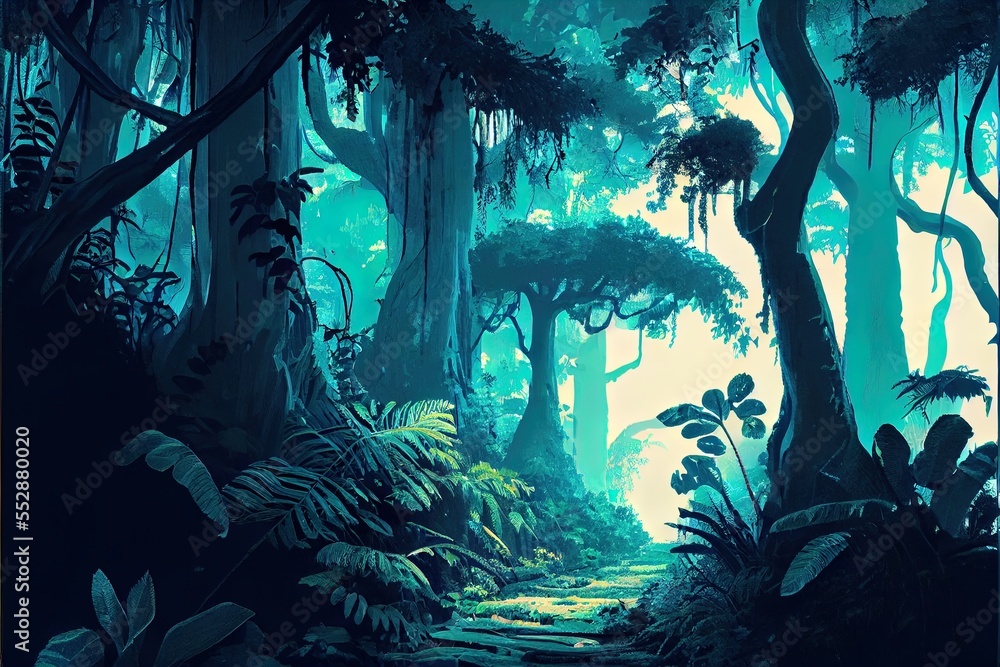 Poster a painting of a forest with a path leading to trees and plants in the foreground and a sunlit area i