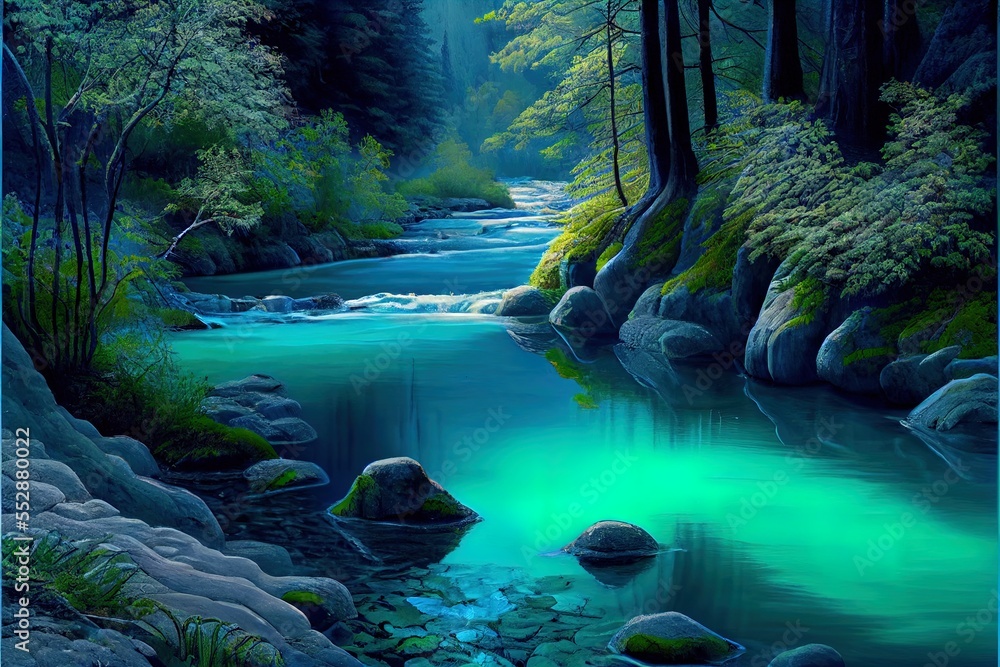 Poster a painting of a river in a forest with rocks and trees around it and a green light coming from the w