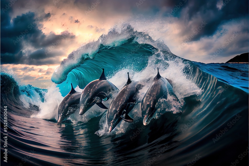 Poster three dolphins swimming in the ocean with a wave in the background and a cloudy sky above them. gene