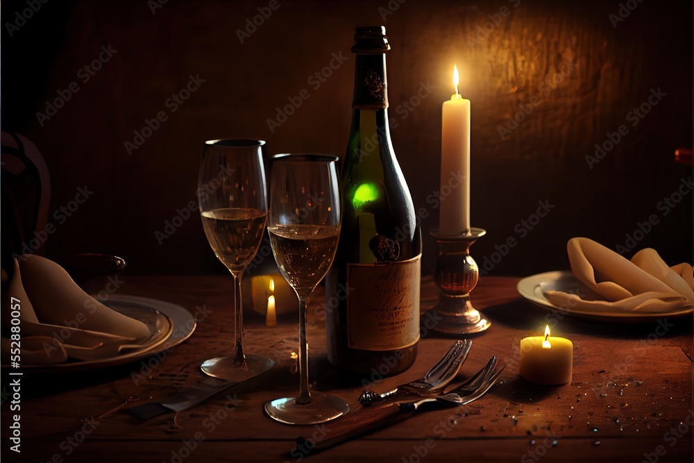 Poster a table with a bottle of wine. generative ai