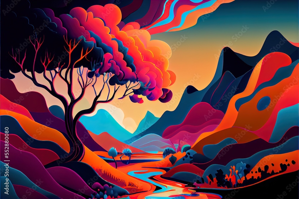 Poster a painting of a river and a tree in a mountainous area with a sunset in the background and a colorfu