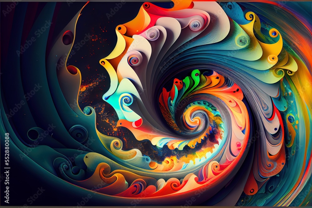 Poster a colorful swirl with a black background and a gold frame around it and a black background with a go