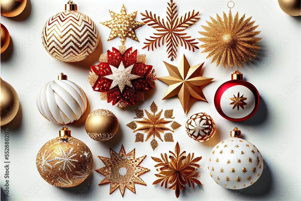 Aufkleber a collection of christmas ornaments arranged on a white surface with gold and red ornaments on top o