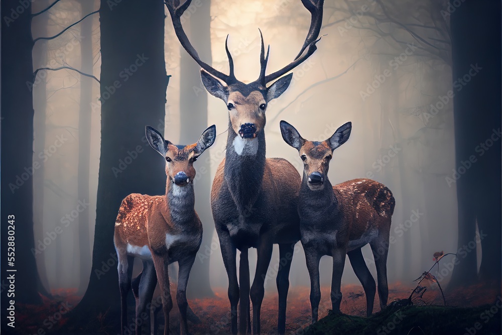 Aufkleber three deer standing in a forest with foggy trees in the background and a third deer standing in the 