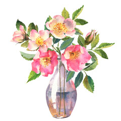 Watercolor bouquet of wild rose flowers and leaves on transparent vase, hand drawn floral illustration isolated on a white background.