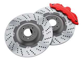 Car brake discs and red calipers on transparent background.