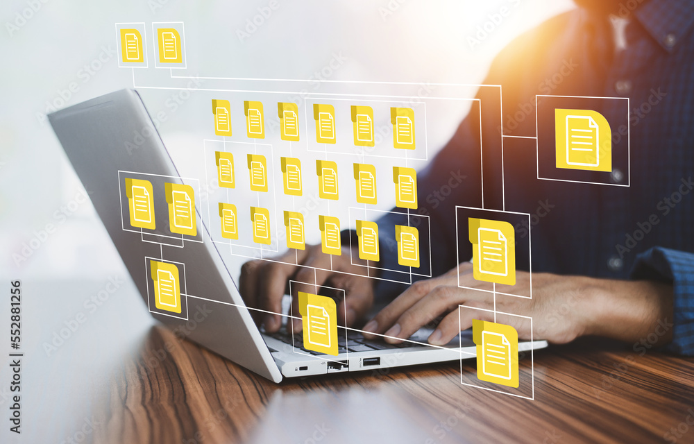 Poster businessman using computer software for security, searching and managing corporate files, corporate 