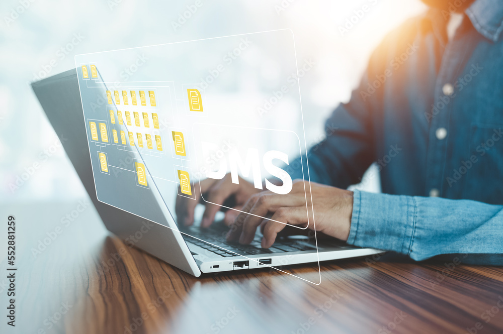 Poster businessman using computer software for security, searching and managing corporate files, corporate 