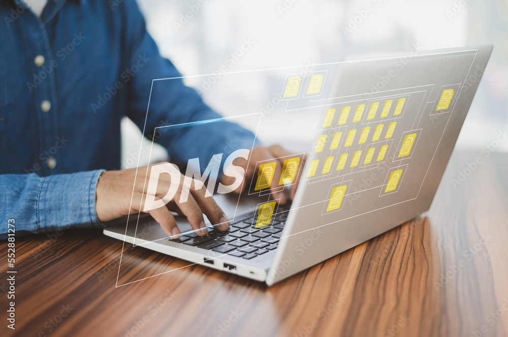 Poster businessman using computer software for security, searching and managing corporate files, corporate 