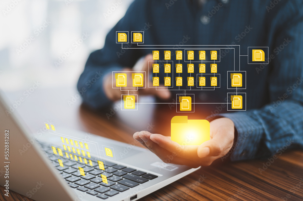 Poster businessman using computer software for security, searching and managing corporate files, corporate 