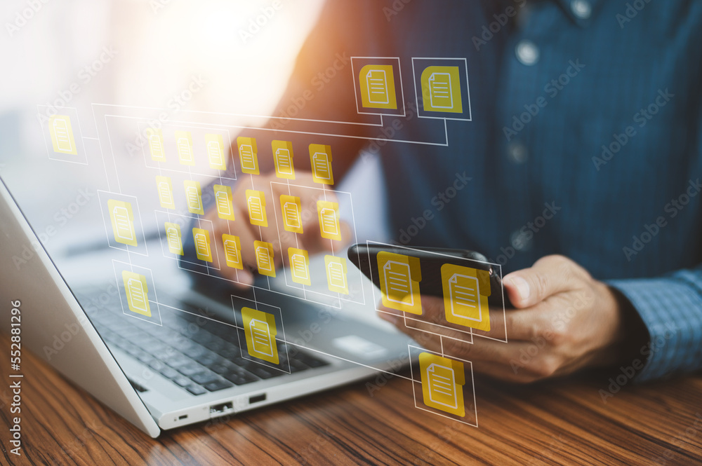 Poster businessman using computer software for security, searching and managing corporate files, corporate 