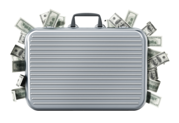 Dollar piles inside briefcase on transparent background.
