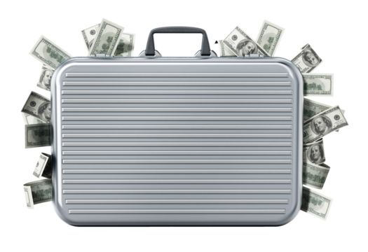 Dollar piles inside briefcase on transparent background.