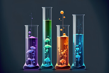 Liquid in glass test tubes for chemical analysis, pharmaceutical development, and scientific study. Generative AI