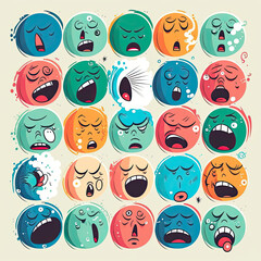 Illustration of a set of isolated colorful emoticons with round faces with different emotions, stickers