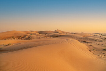 Beautiful view to group of sand dunes in the desert and blue sky over horizon. Amazing outdoor adventure. 