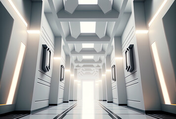 Obraz premium futuristic sci fi vast hall room with lights in a light filled white studio,. Generative AI