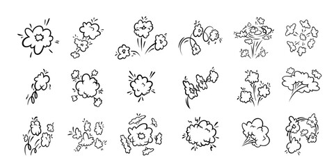 Comic boom effect clouds. Set of explosion bubbles and smoke. Vector illustration isolated on white background