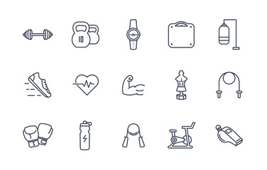 Flat linear GYM icons set. Fitness and sport isolated vector icons on white background. Healthy lifestyle concept design.