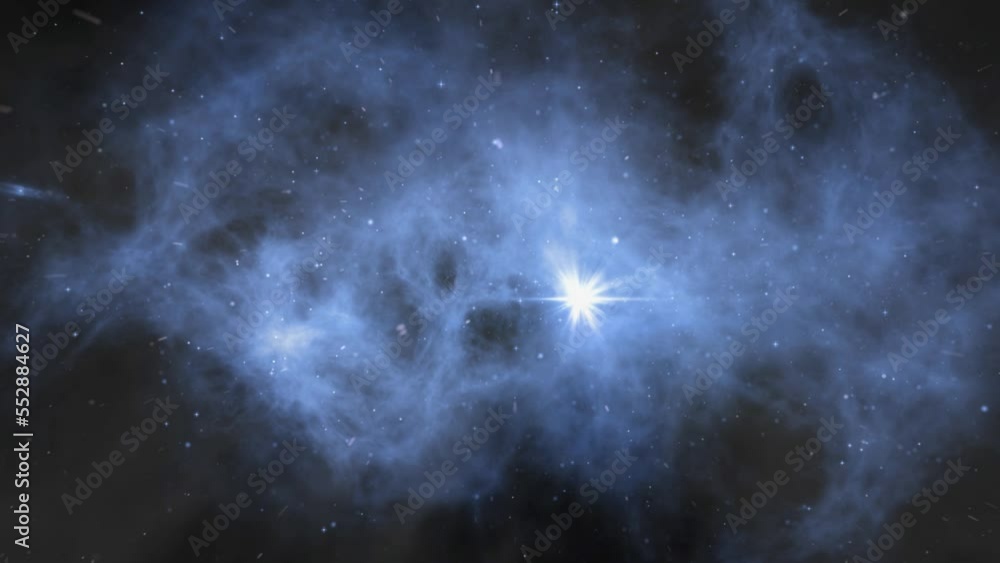 Wall mural cosmos blue space flight background 4k loop features a view of flying in space with a blue cloud for