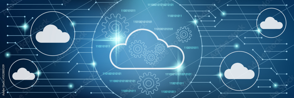 Aufkleber cloud computing, data processing vector concept illustration. technology style horizontal banner tem