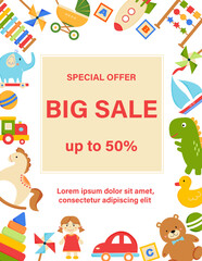 Obraz na płótnie Canvas Toys sale poster. Frame of toys on white background. Advertising poster, flyer, promo for toy shop, store.