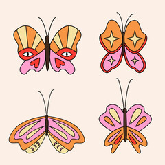  Butterflies groovy 70s set. Retro hippy set. Vector doodle retro insects illustrations