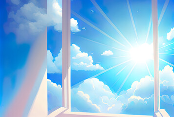 Background of morning sun filled clouds. blue, white, and pastel paradise with soft focus lens flare. abstract blue gradient with a serene landscape. open windows with a view lovely summer spring