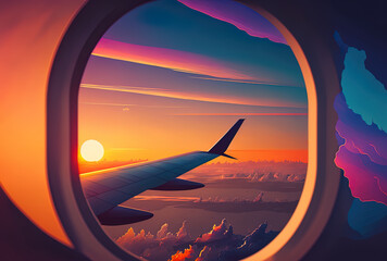 Wing seen via an airplane window amid a stunning sky at sunset. Generative AI