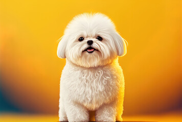 Maltese puppy with a smile is standing alone on a yellow surface. Generative AI