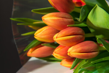 Obraz premium Spring flowers. Red tulips in bouquet.