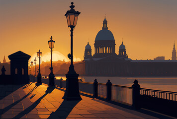 Naklejka premium A dawn view of St. Petersburg. Generative AI
