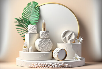 White stone natural product display podium platforms backdrop for a makeup studio. Generative AI