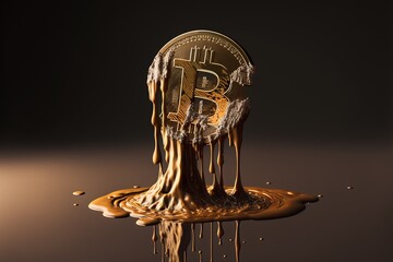 Fototapeta na wymiar An image of a Bitcoin melting, symbolizing the volatility and uncertainty of the cryptocurrency market. A cautionary tale for potential investors.