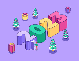 Happy New Year 2023 scene. Christmas tree in cute minimalistic style with man. Creative concept for banner, flyer, cover, social media, design web page. Vector illustration concept