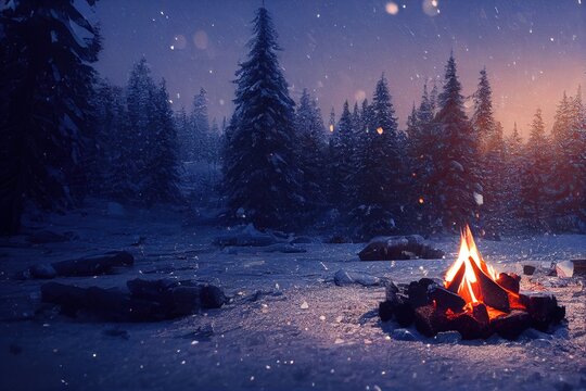 A bonfire in a snowy forest at night, winter, generative ai
