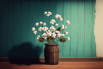 Vase of cotton flowers on a wooden floor. Generative AI