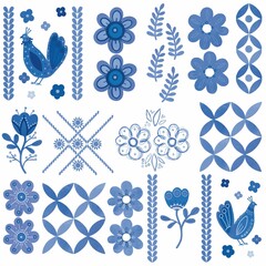 Watercolor blue damask hand drawn floral design. Seamless pattern, tiling ornament. Blue branch, flowers and leaves. Blue branch, flowers and leaves. Ornamental blue and white azulejo decorative eleme