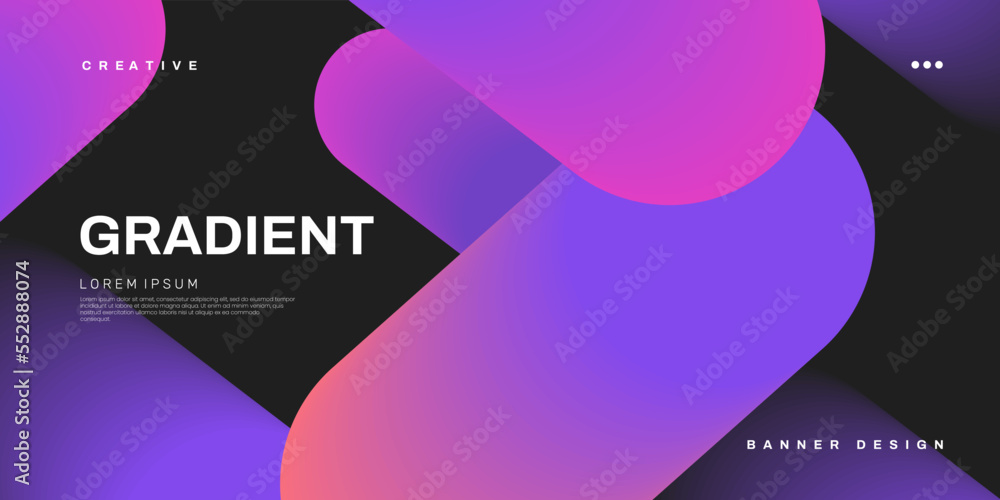 Poster Abstract geometric background with smooth gradient shapes. Web banner design in purple neon colors. Big rounded gradient blobs. Ideal for header, landing page, poster. Vector illustration