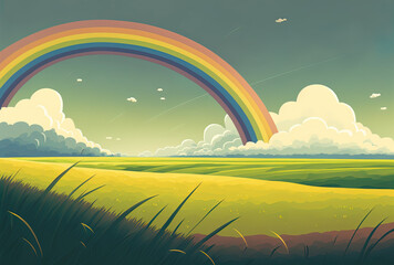 A distant view of a rainbow in an overcast sky above a grassy field. Generative AI